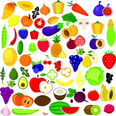 Set of fruits and vegetables.Organic food icons vector illustration