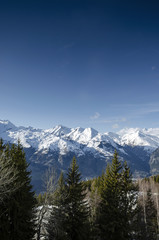 sunny french alps mountain snow view in les arcs france