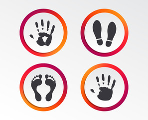 Hand and foot print icons. Imprint shoes and barefoot symbols. Stop do not enter sign. Infographic design buttons. Circle templates. Vector