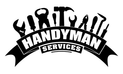 Handyman services vector design for your logo or emblem with bend banner and set of workers tools in black. There are wrench, screwdriver, hammer, pliers, soldering iron, scrap.