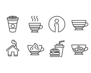 Set of Cafe creme, Cappuccino and Hamburger icons. Takeaway coffee, Espresso cream and Cold coffee signs. Burger with drink, Hot latte drink, Cafe con panna. Ice cubes in beverage. Vector
