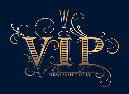 Rich decorated VIP membership only gold card with crown on a dark blue background.