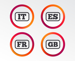 Language icons. IT, ES, FR and GB translation symbols. Italy, Spain, France and England languages. Infographic design buttons. Circle templates. Vector