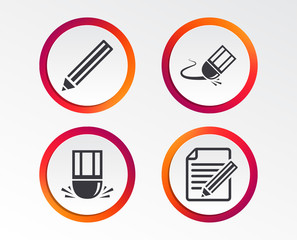 Pencil icon. Edit document file. Eraser sign. Correct drawing symbol. Infographic design buttons. Circle templates. Vector