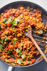Bolognese with minced beef, tomato sauce, corn, courgette, tomatoes 