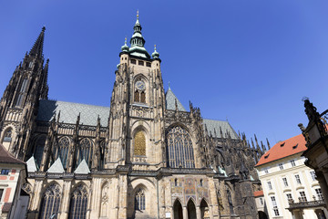 Fototapeta na wymiar Gothic St. Vitus' Cathedral on Prague Castle in the sunny Day, Czech Republic