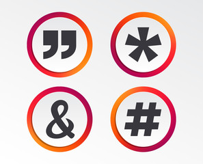 Quote, asterisk footnote icons. Hashtag social media and ampersand symbols. Programming logical operator AND sign. Infographic design buttons. Circle templates. Vector