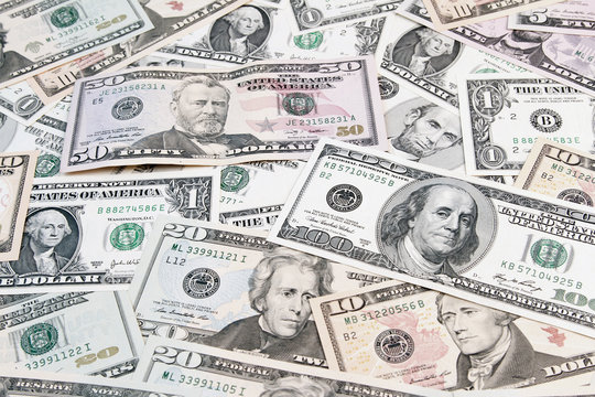 Assorted American banknotes cash background