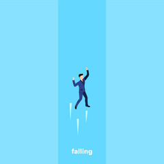 a man in a business suit falls into the abyss, isometric image