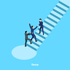 men in business suits carry to the top on the steps of their colleague, isometric image