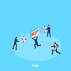 men in business suits flee to help their colleague, isometric image
