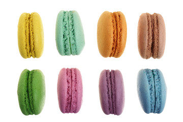 colored macarons isolated on white background without a shadow closeup. Top view. Flat lay