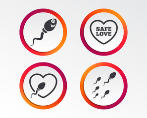 Sperm icons. Fertilization or insemination signs. Safe love heart symbol. Infographic design buttons. Circle templates. Vector