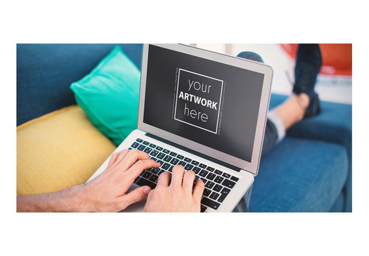 Laptop User on Colorful Couch Mockup