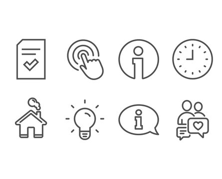 Set of Clock, Light bulb and Checked file icons. Information, Click and Dating chat signs. Time or watch, Lamp energy, Correct document. Info center, Cursor pointer, People love. Vector - Powered by Adobe