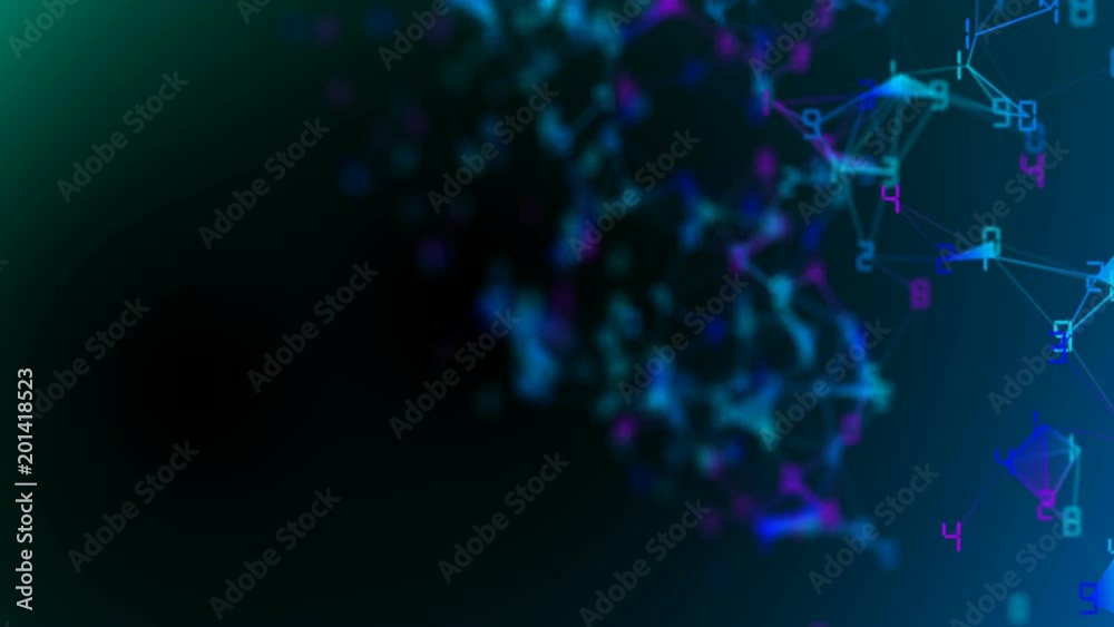 Poster movement of related particles. work blockchain. color numbers. plexus business background. multicolo