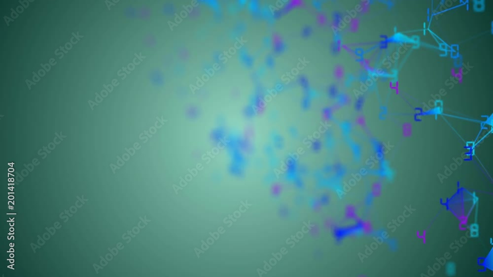 Poster movement of related particles. work blockchain. color numbers. plexus business background. green bac
