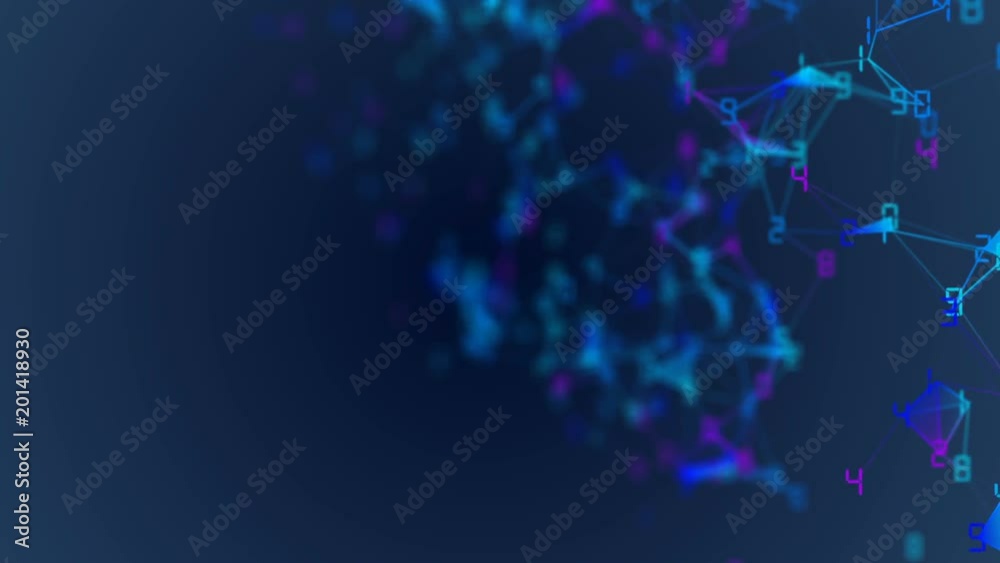 Poster movement of related particles. work blockchain. color numbers. plexus business background. dark blue
