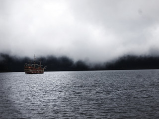ship on a lake in the mountains of Hakone, Japan