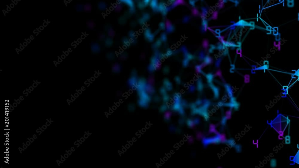 Poster movement of related particles. work blockchain. color numbers. plexus business background. black bac