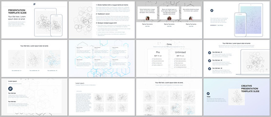 Minimal presentations, portfolio templates. Blue color elements on white. Brochure cover vector design. Presentation slides for flyer, leaflet, brochure, report, marketing. Social network concept