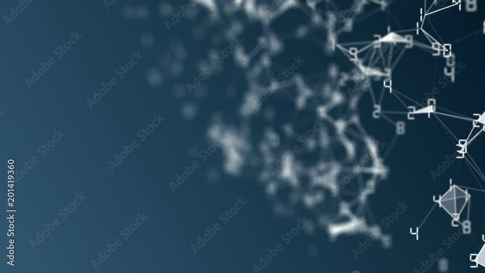 Poster movement of related particles. work blockchain. white numbers. plexus business background. blue back
