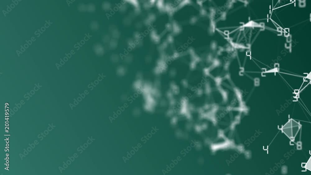 Poster movement of related particles. work blockchain. white numbers. plexus business background. green bac