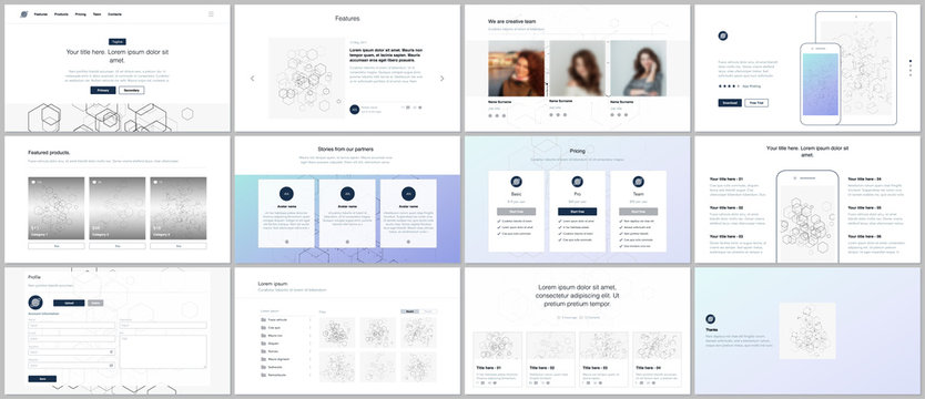 Vector templates for website design, minimal presentations, portfolio. UI, UX, GUI. Design of headers, dashboard, contact forms, features, pricing, e-commerce page, blog etc. Social network concept