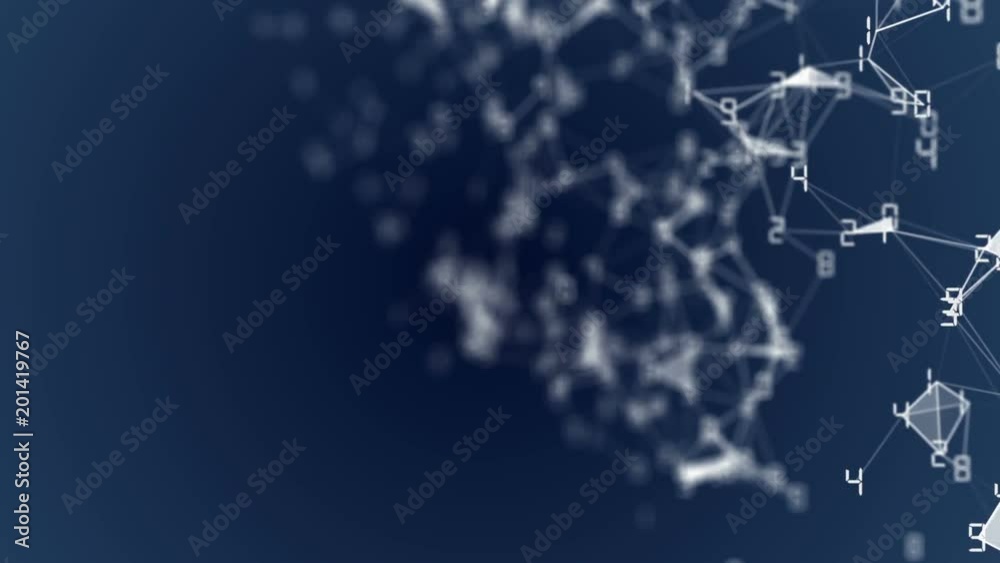 Poster movement of related particles. work blockchain. white numbers. plexus business background. dark blue