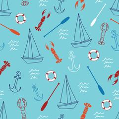 Seamless pattern with sailboat, anchor, lobster, oar and lifebuoy.