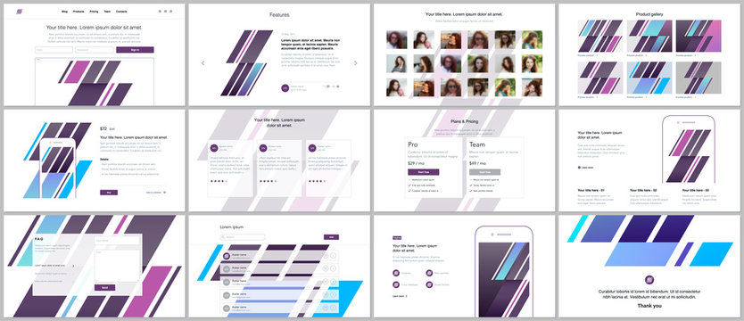 Set of vector templates for website design, minimal presentations, portfolio. UI, UX, GUI. Design of headers, dashboard, contact forms, features page, pricing, testimonials, e-commerce page, blog etc