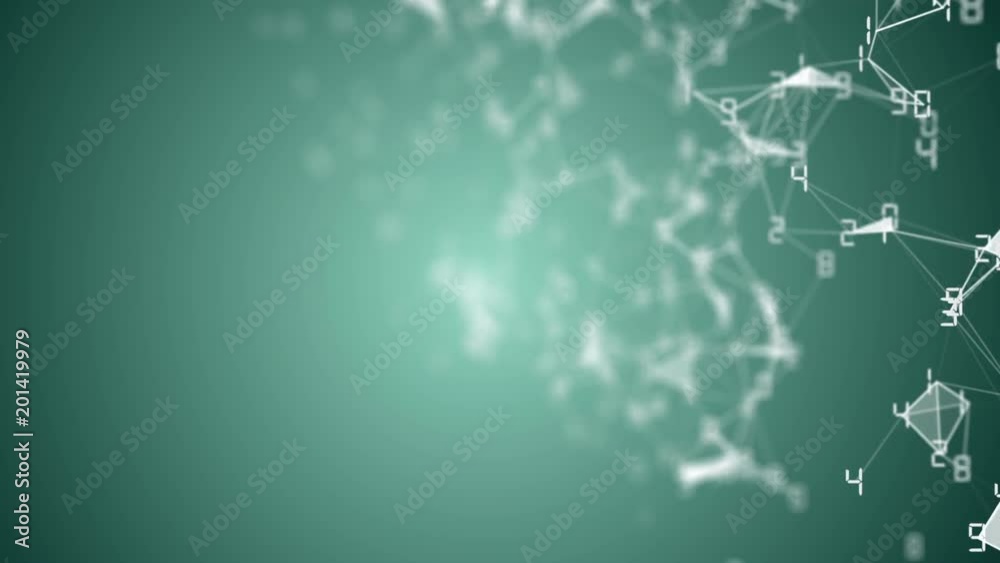 Poster movement of related particles. work blockchain. white numbers. plexus business background. light gre