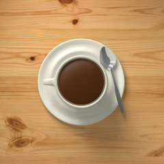 3D Rendering cup of coffee with spoon top view on wood background