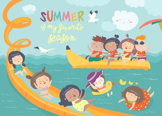 Fototapeta premium Kids playing and enjoying at waterpark in summer vacation