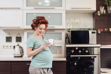 Fototapeta na wymiar Smiling pregnant woman using a smartphone