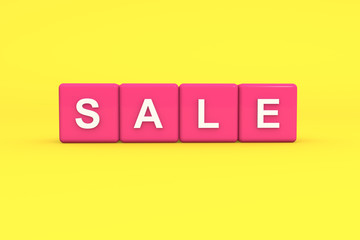 Sale with pink color block on yellow background, 3d illustration