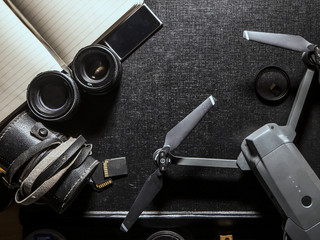 set of travel items kit overhead view