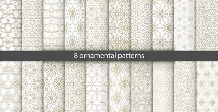 Big set of 20 oriental patterns. White and gold background with Arabic ornaments. Patterns, backgrounds and wallpapers for your design. Textile ornament. Vector illustration.