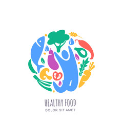 Organic healthy vegetarian food concept. Vector logo, label design template. Circle emblem with happy man and vegetables