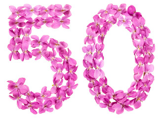Arabic numeral 50, fifty, from flowers of viola, isolated on white background