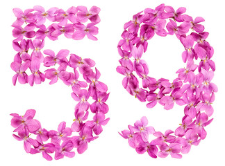 Arabic numeral 59, fifty nine, from flowers of viola, isolated on white background