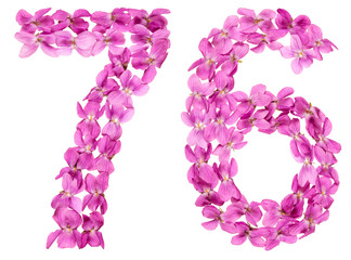 Arabic numeral 76, seventy six, from flowers of viola, isolated on white background