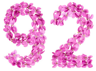 Arabic numeral 92, ninety two, from flowers of viola, isolated on white background