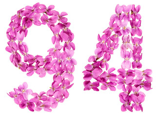 Arabic numeral 94, ninety four, from flowers of viola, isolated on white background