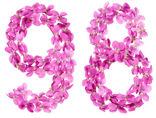 Arabic numeral 98, ninety eight, from flowers of viola, isolated on white background