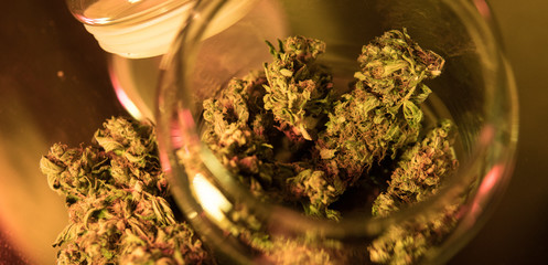 Dope strain of marijuana in a glass jar close-up. Weed buds for smoking