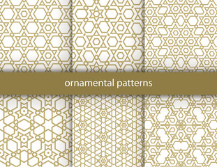 Set of 6 oriental patterns. White and gold background with Arabic ornaments. Patterns, backgrounds and wallpapers for your design. Textile ornament. Vector illustration.