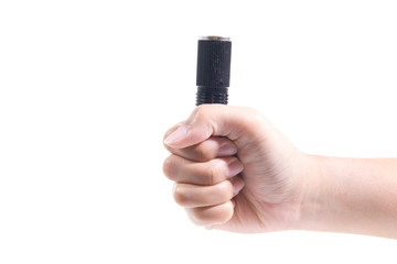 Hand holding flashlight on white background