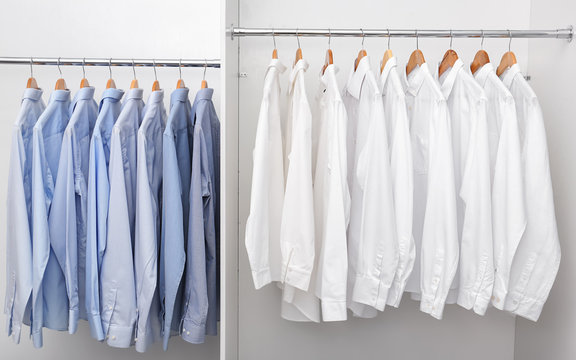 Racks with clean clothes after dry-cleaning on hangers in wardrobe