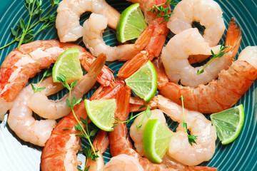 Plate with delicious shrimps, closeup